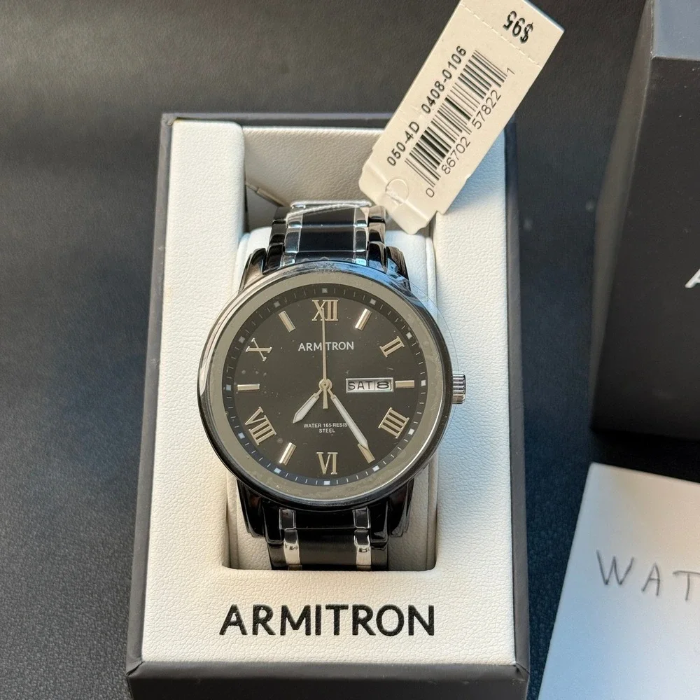 MSRP $95 Armitron Mens 20/4935TB Black/Silver Tone Bracelet Watch BROKEN BAND